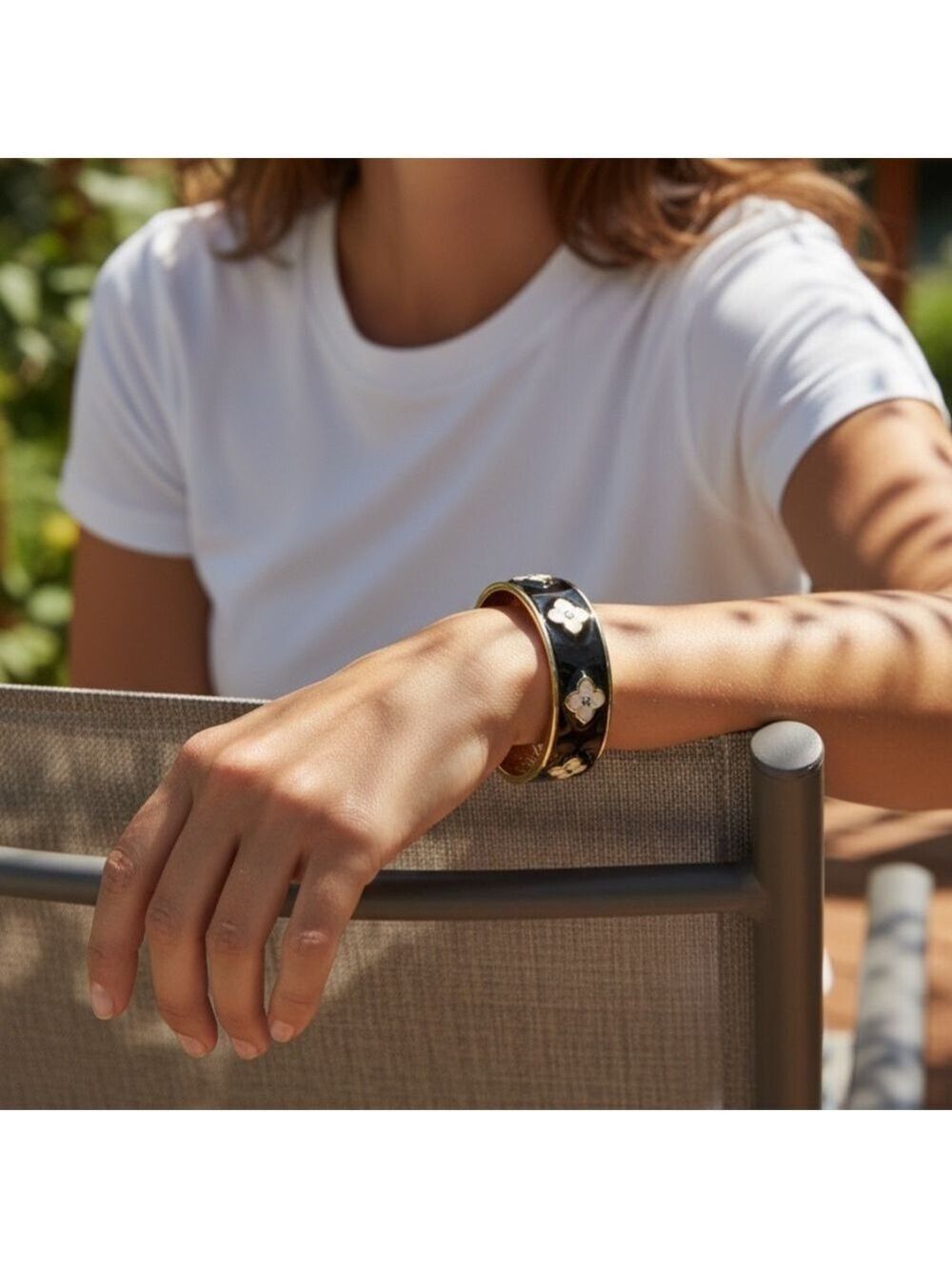 MX Signature Collection Black and Gold Floral Hinged Bangle Bracelet
